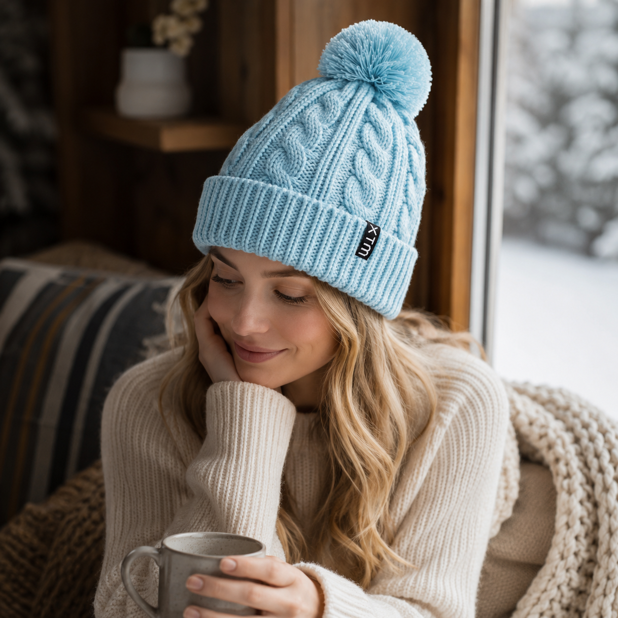 Chunky Cable Knit Cuffed Pom Pom Winter Beanie Hat