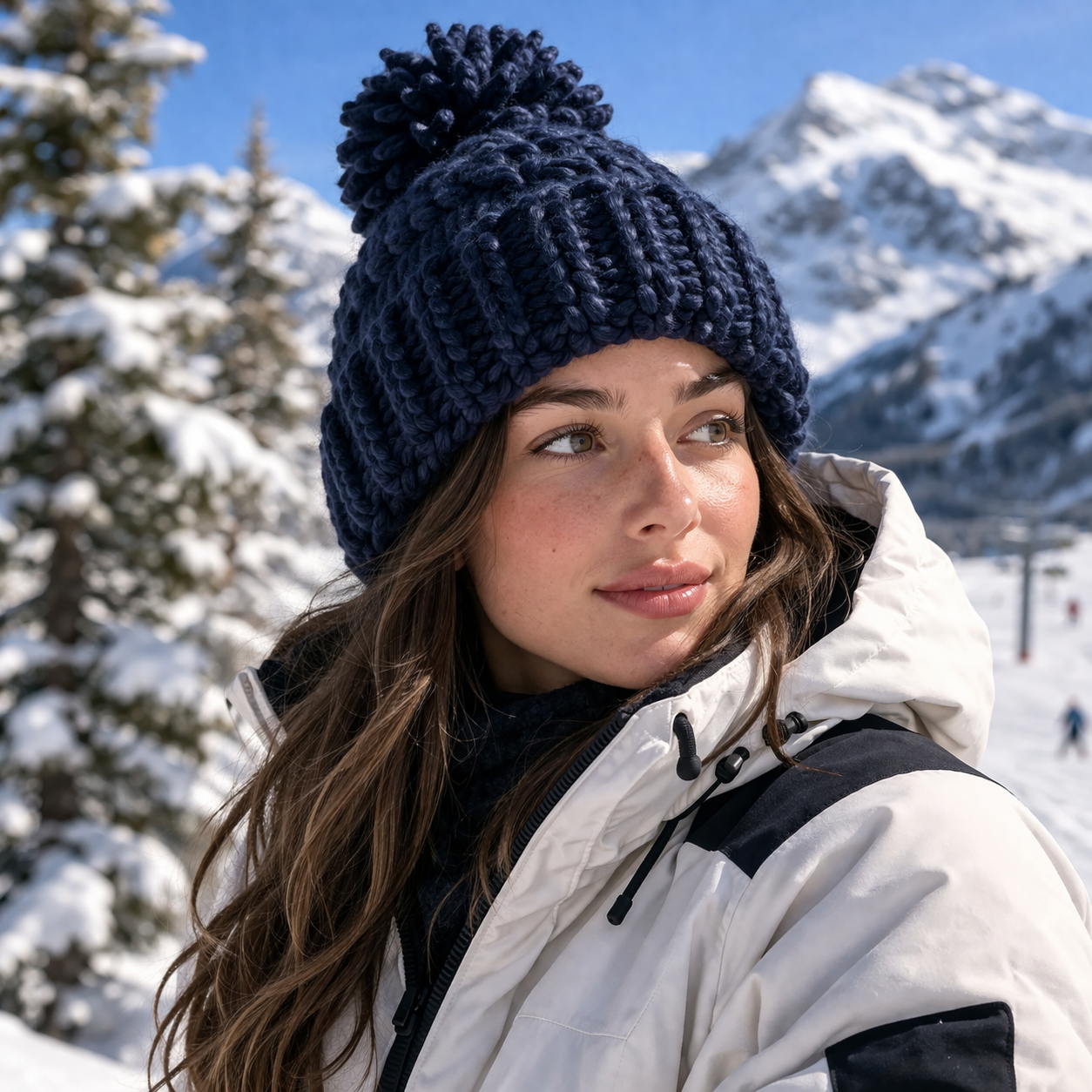 Chunky Knit Pom Pom Beanie Winter Warm Cuffed Hat Set