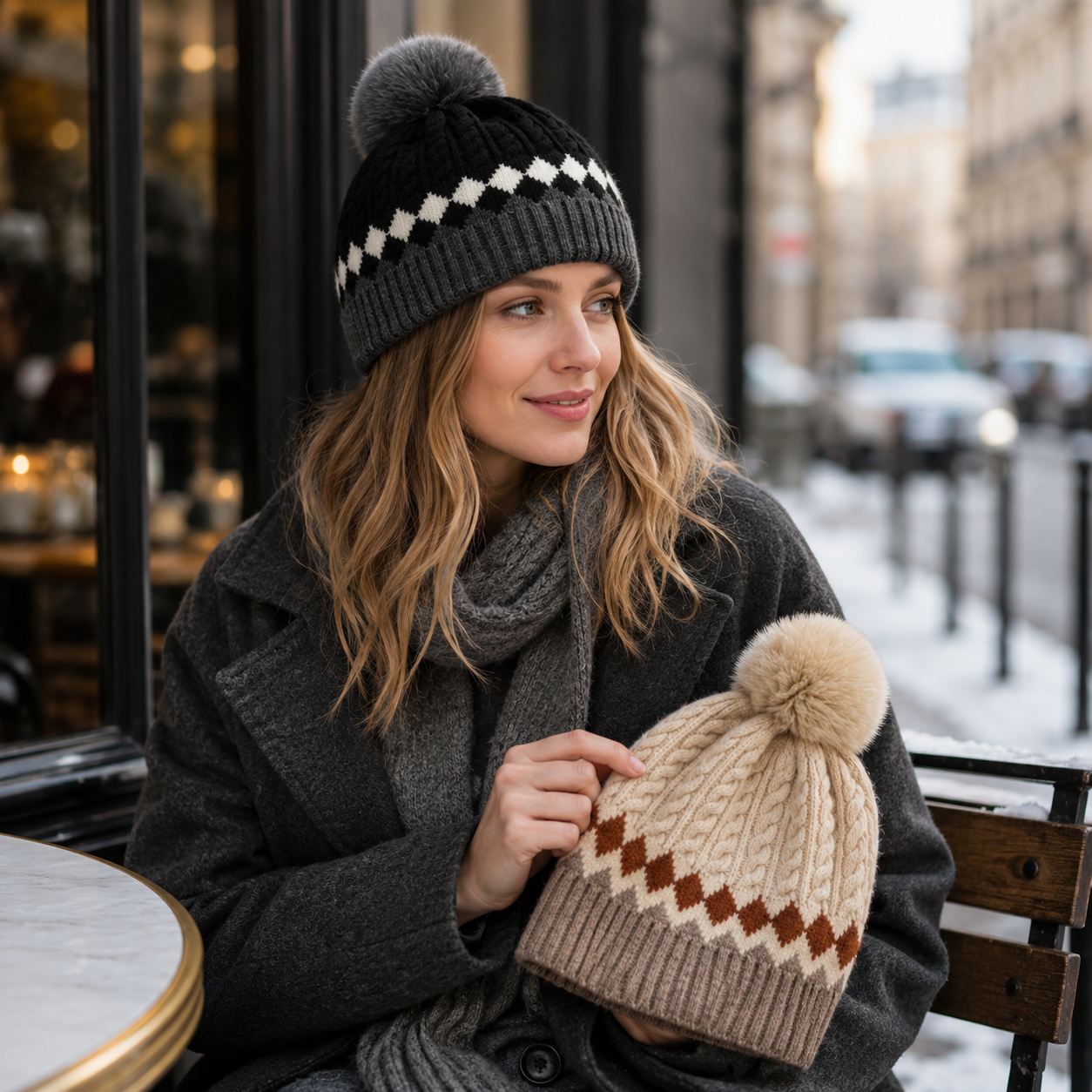 Cable Knit Cuffed Beanie Hat with Faux Fur Pom Pom