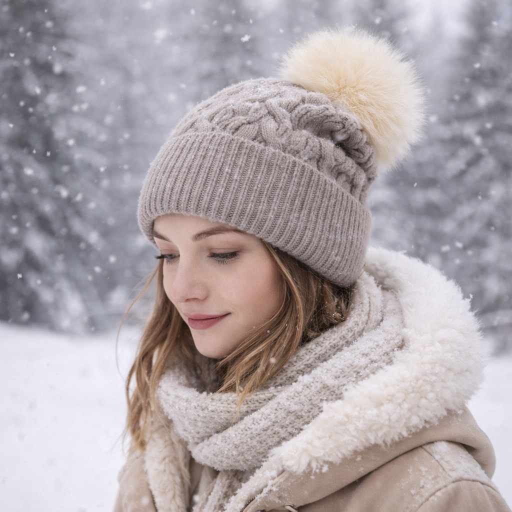Cable Knit Cuffed Beanie Hat with Faux Fur Pom Pom