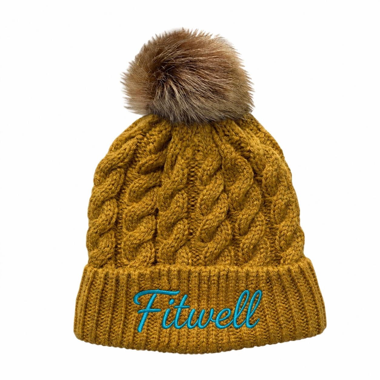 Cable Knit Beanie Hat with Faux Fur Pom Pom, Cuffed Winter Hat with Embroidered Logo