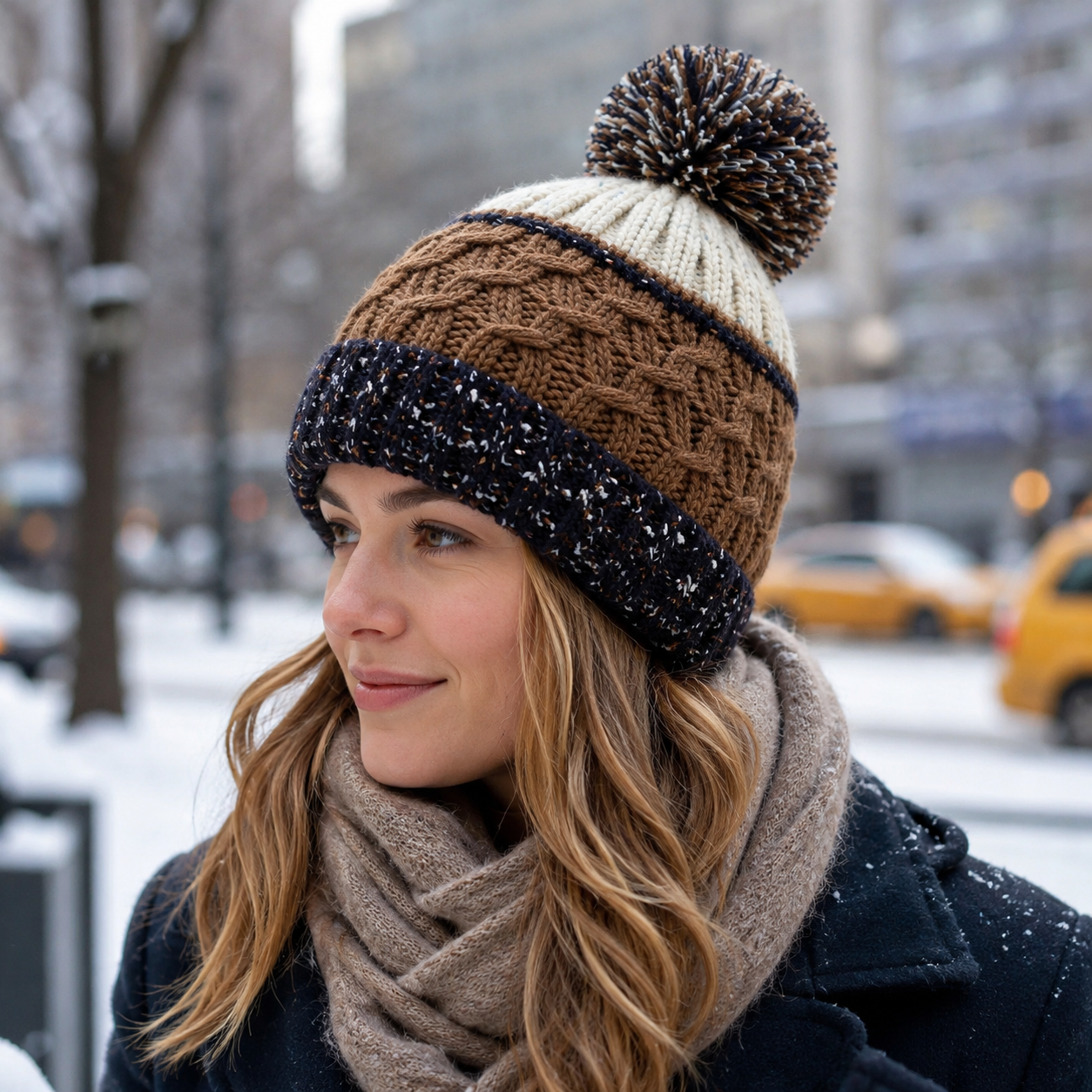 Multicolor Cable Knit Pom Pom Cuffed Winter Beanie