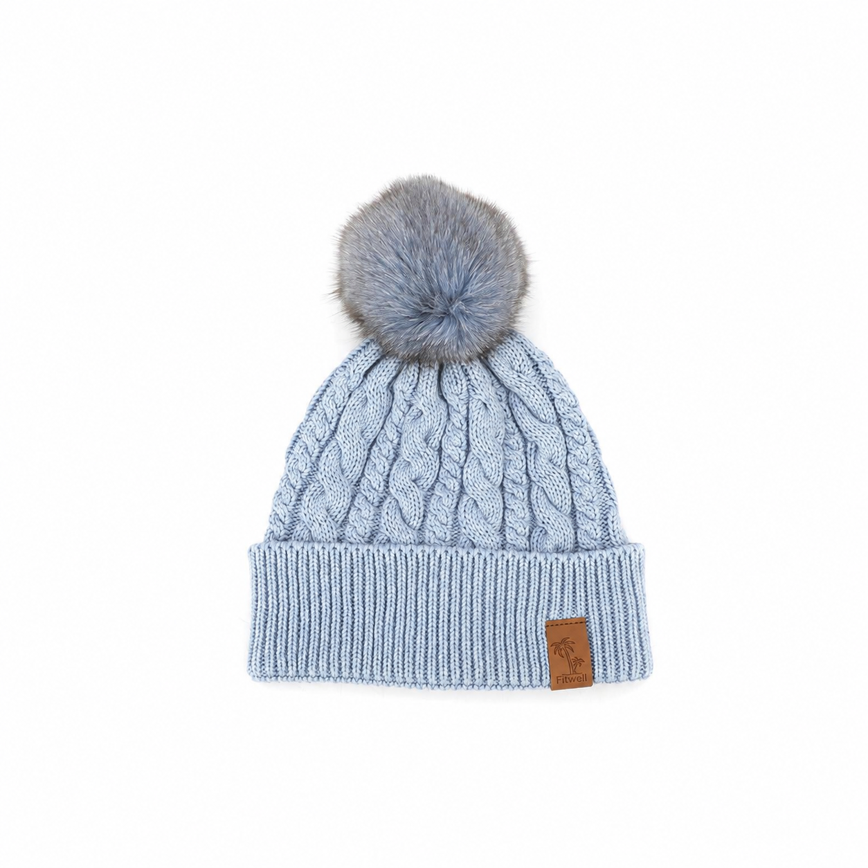 Ice Blue Cable Knit Cuffed Beanie with Gray Faux Fur Pom Pom
