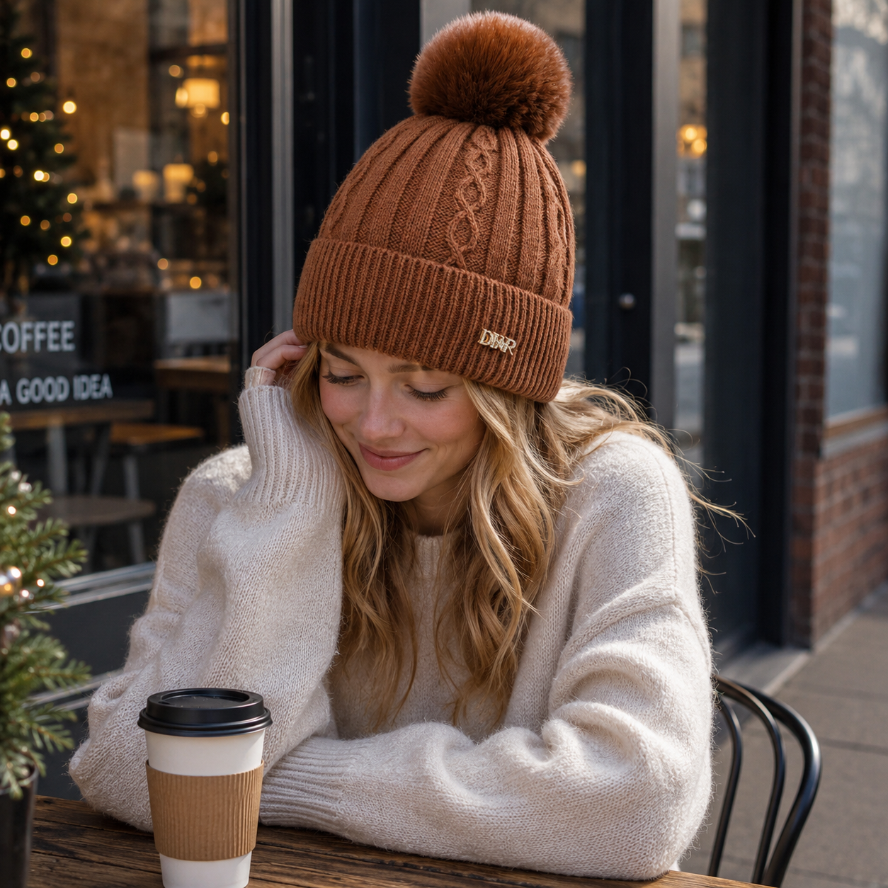 Women's Winter Ribbed Knit Beanie with Faux Fur Pom Pom