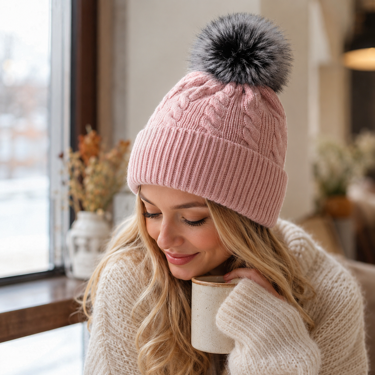 Cable Knit Cuffed Beanie with Faux Fur Pom Pom