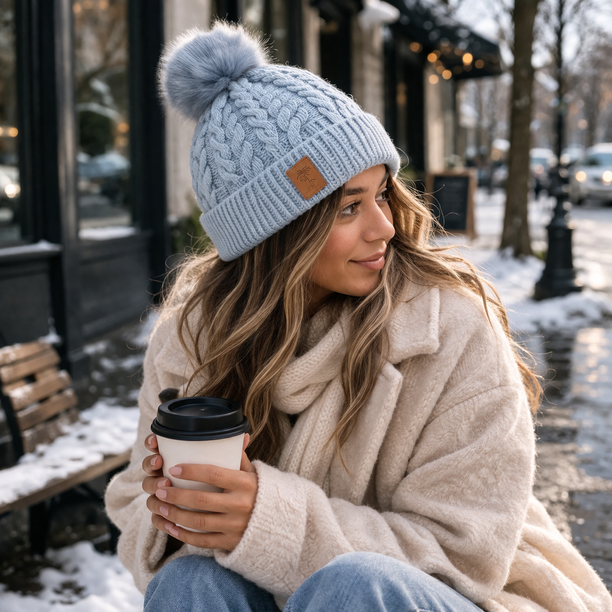 Winter Soft Cable Knit Cuffed Beanie with Faux Fur Pom Pom for Women