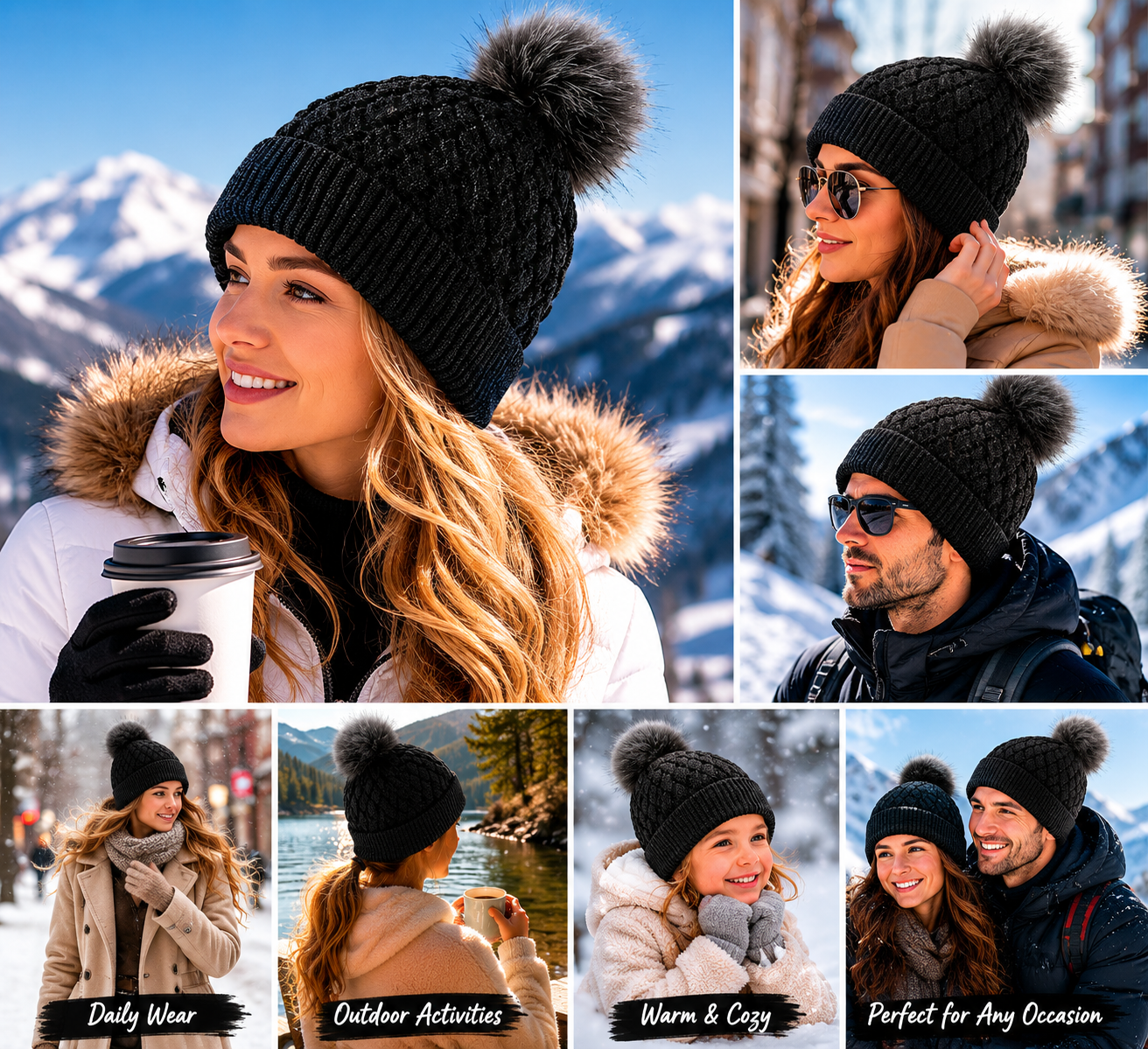 Cable Knit Cuffed Beanie with Faux Fur Pom Pom