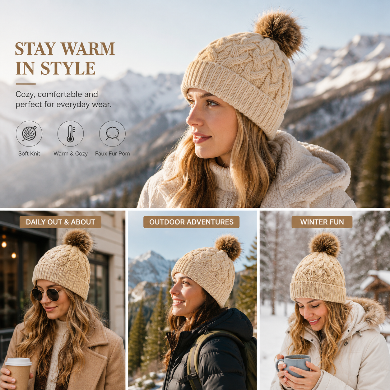 Red Beige Black Cable Knit Beanie Hats with Faux Fur Pom Pom
