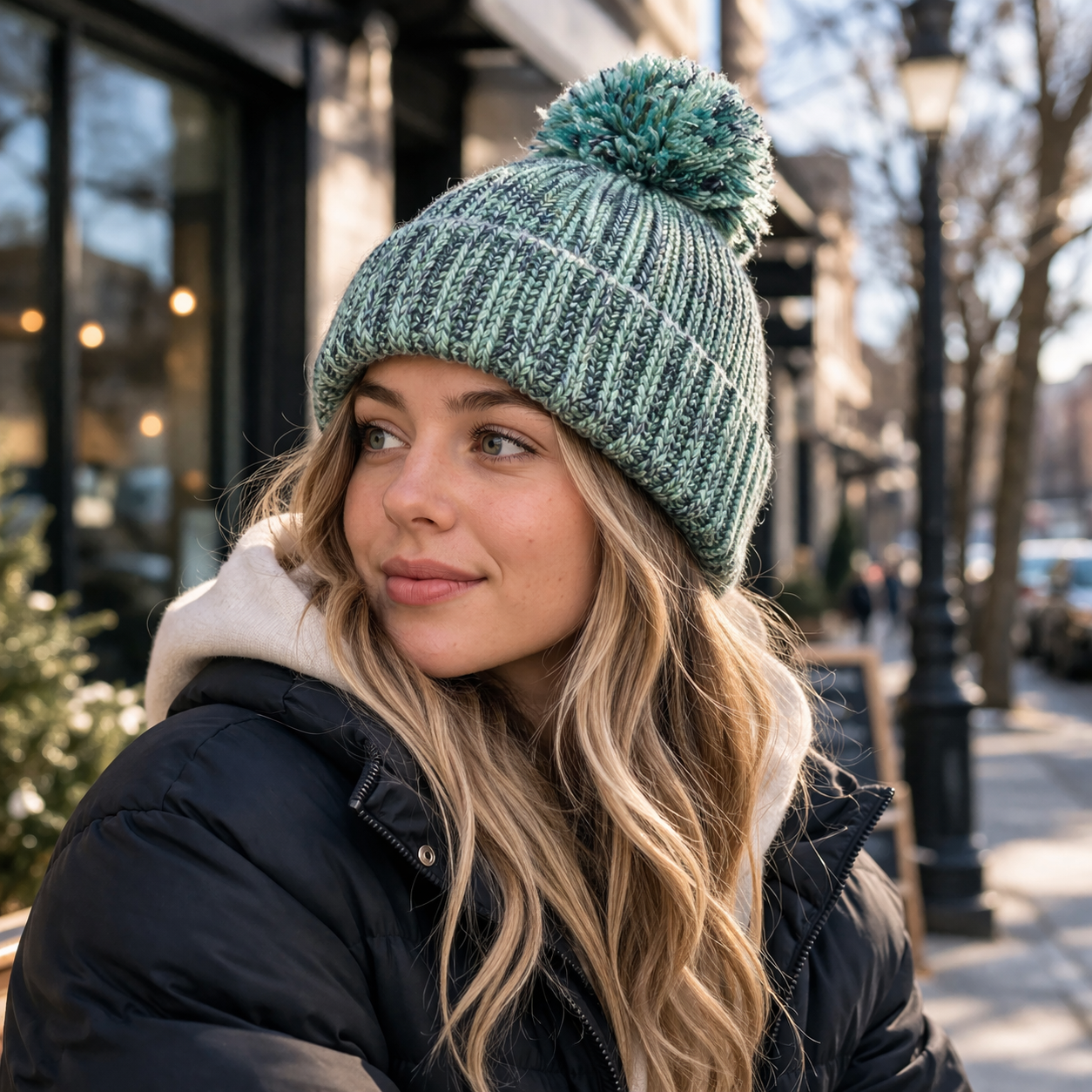 Multicolor Cable Knit Pom Pom Winter Beanie Hat