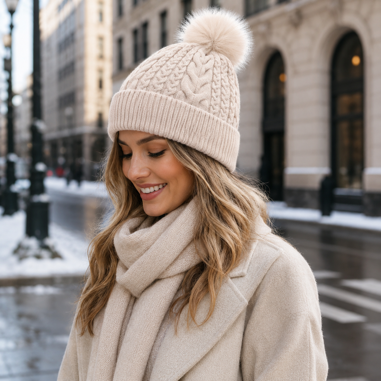 Women's Faux Fur Pom Pom Cable Knit Winter Beanie