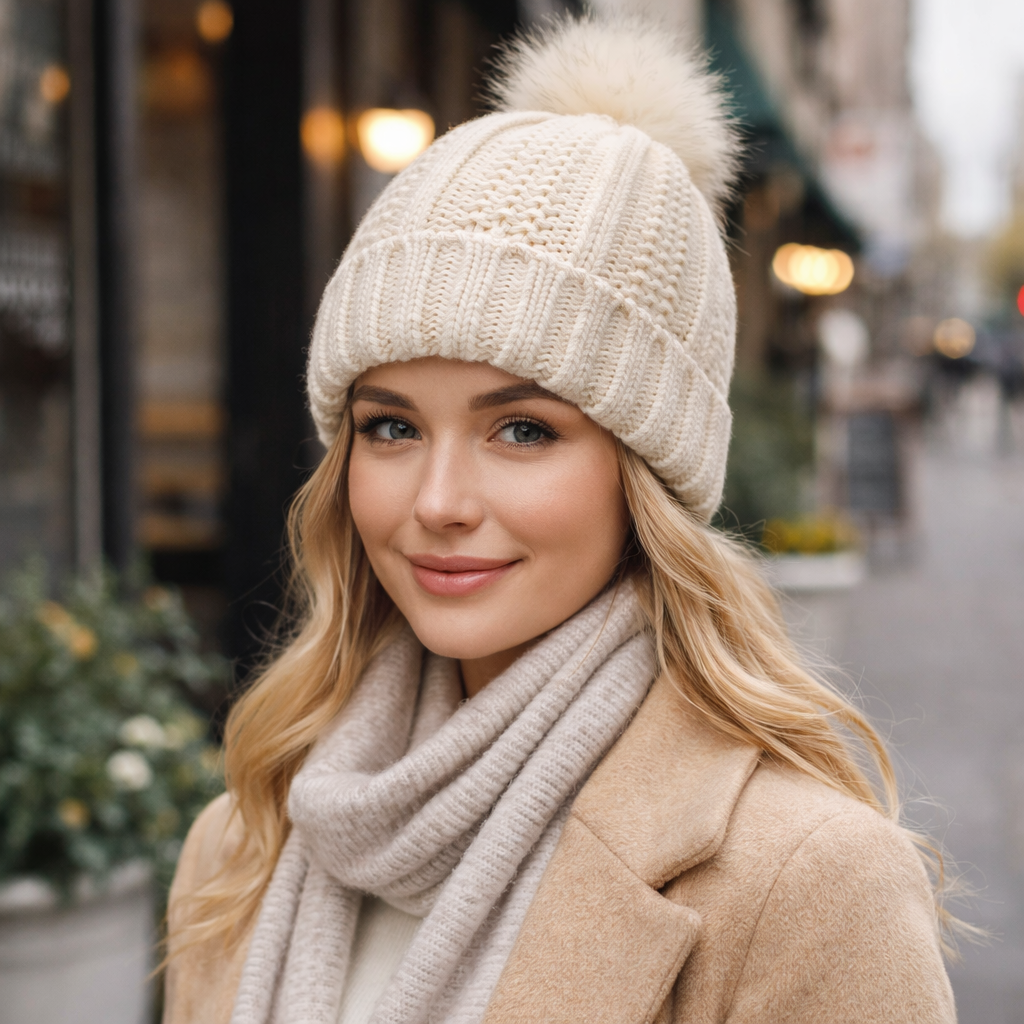 Warm Cable Knit Winter Pom Pom Hat – Unisex Snow Beanie Cap