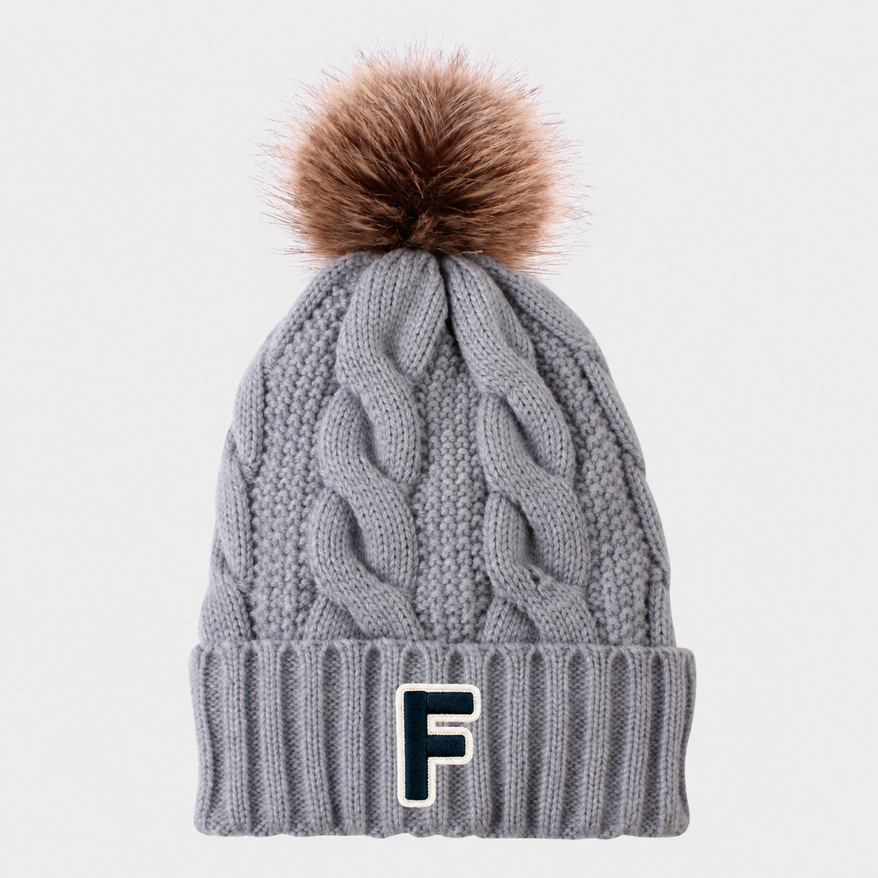B Patch Cable Knit Cuffed Faux Fur Pom Pom Beanie