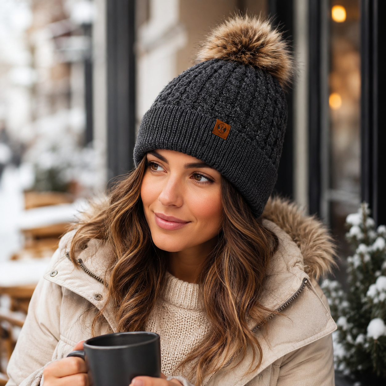 Charcoal Textured Knit Beanie with Fluffy Pom and Folded Brim