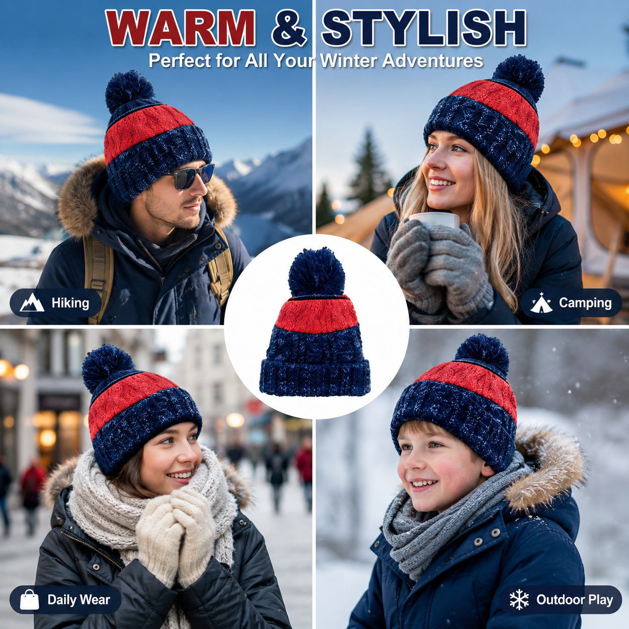 Two-Tone Cable Knit Cuffed Pom Pom Winter Beanie