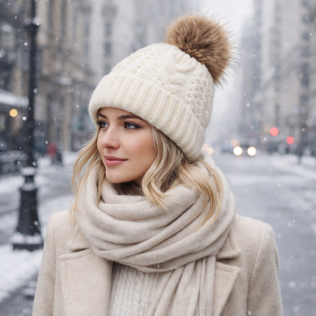 Winter Cable Knit Pom Pom Beanie Hat for Women Soft Warm Cuffed Skull Cap