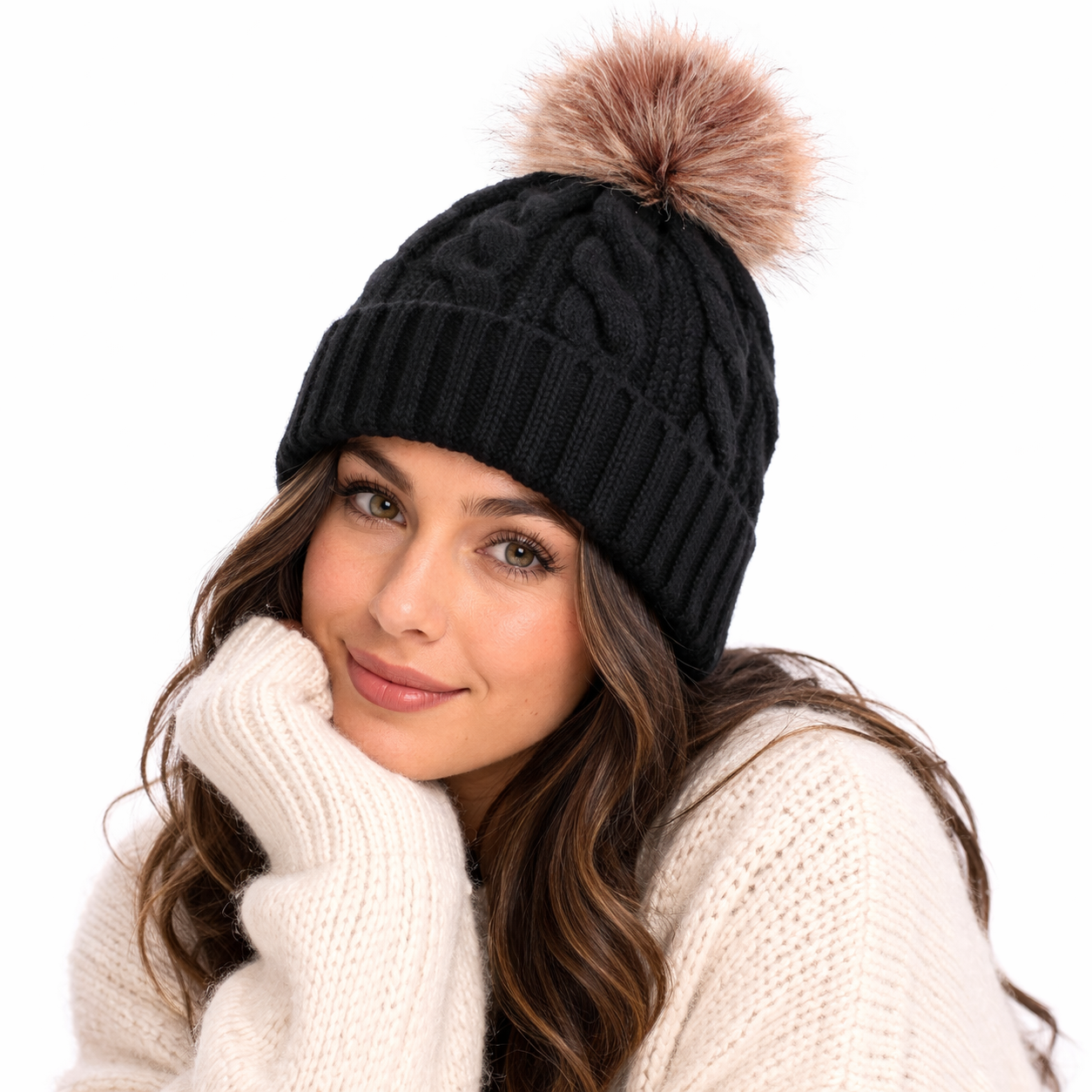 Women's Winter Cable Knit Pom Pom Beanie with Faux Fur Ball