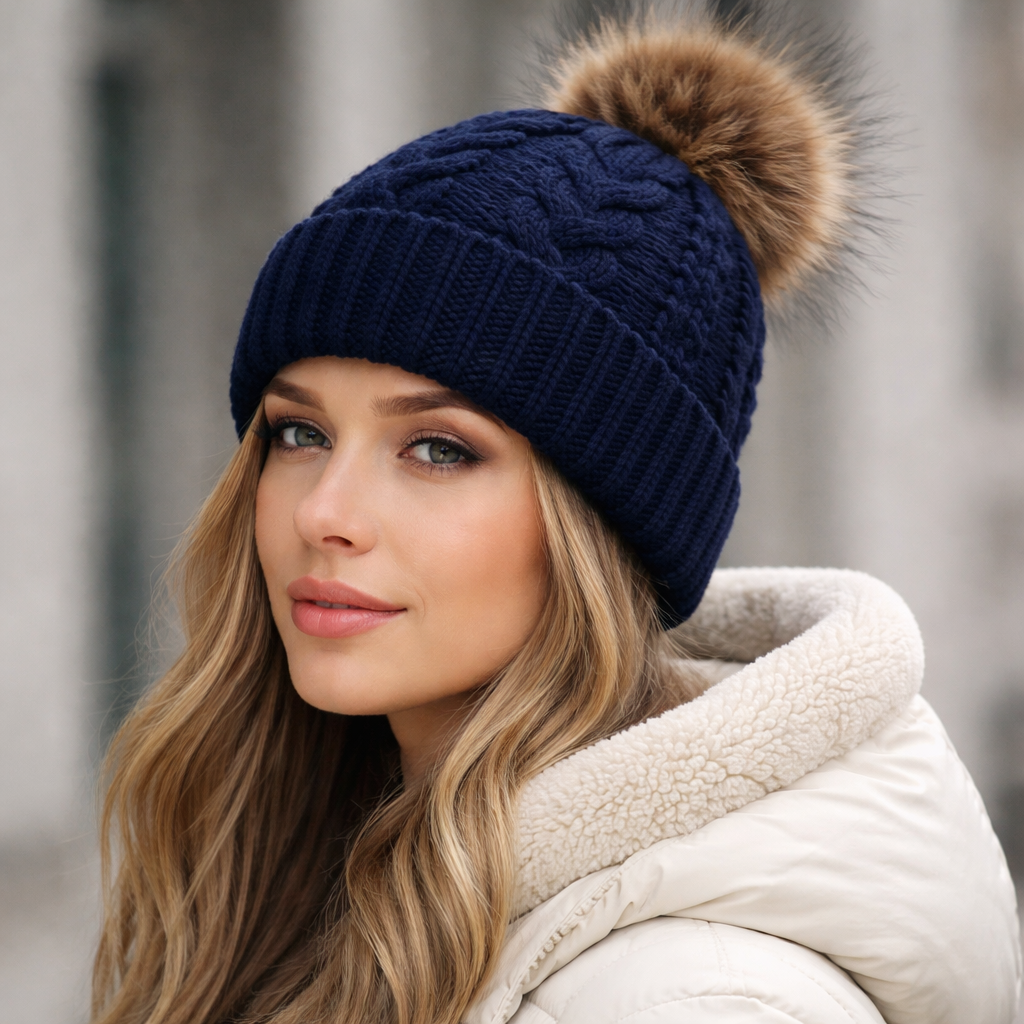 Winter Cable Knit Beanie with Faux Fur Pom – Soft Warm Cuffed Hat