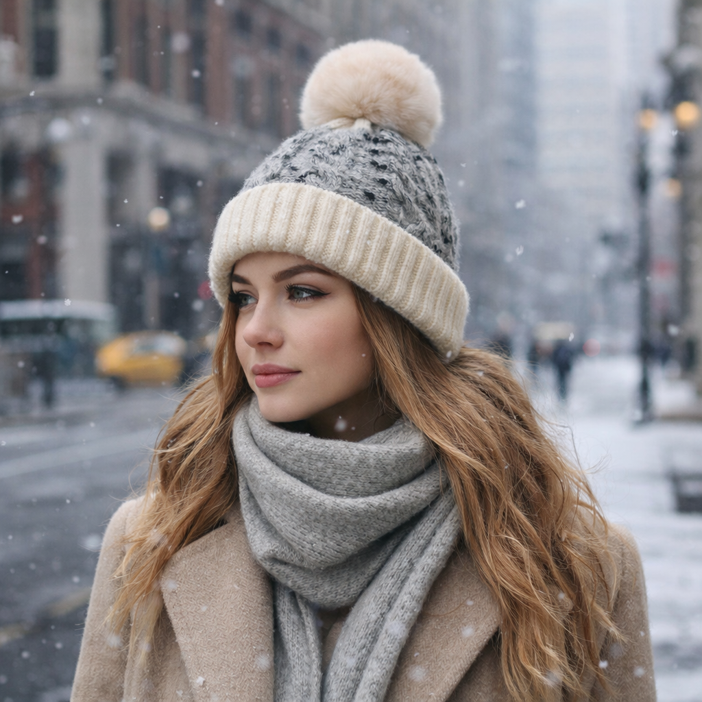 Women's Winter Cable Knit Pom Pom Beanie with Faux Fur Top