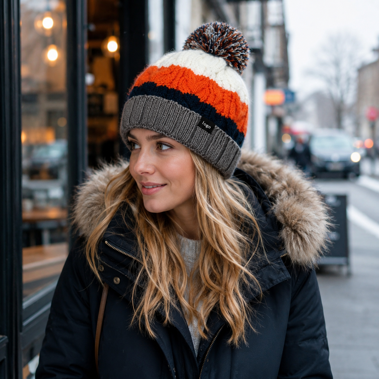 Striped Chunky Cable Knit Cuffed Pom Pom Beanie Hat