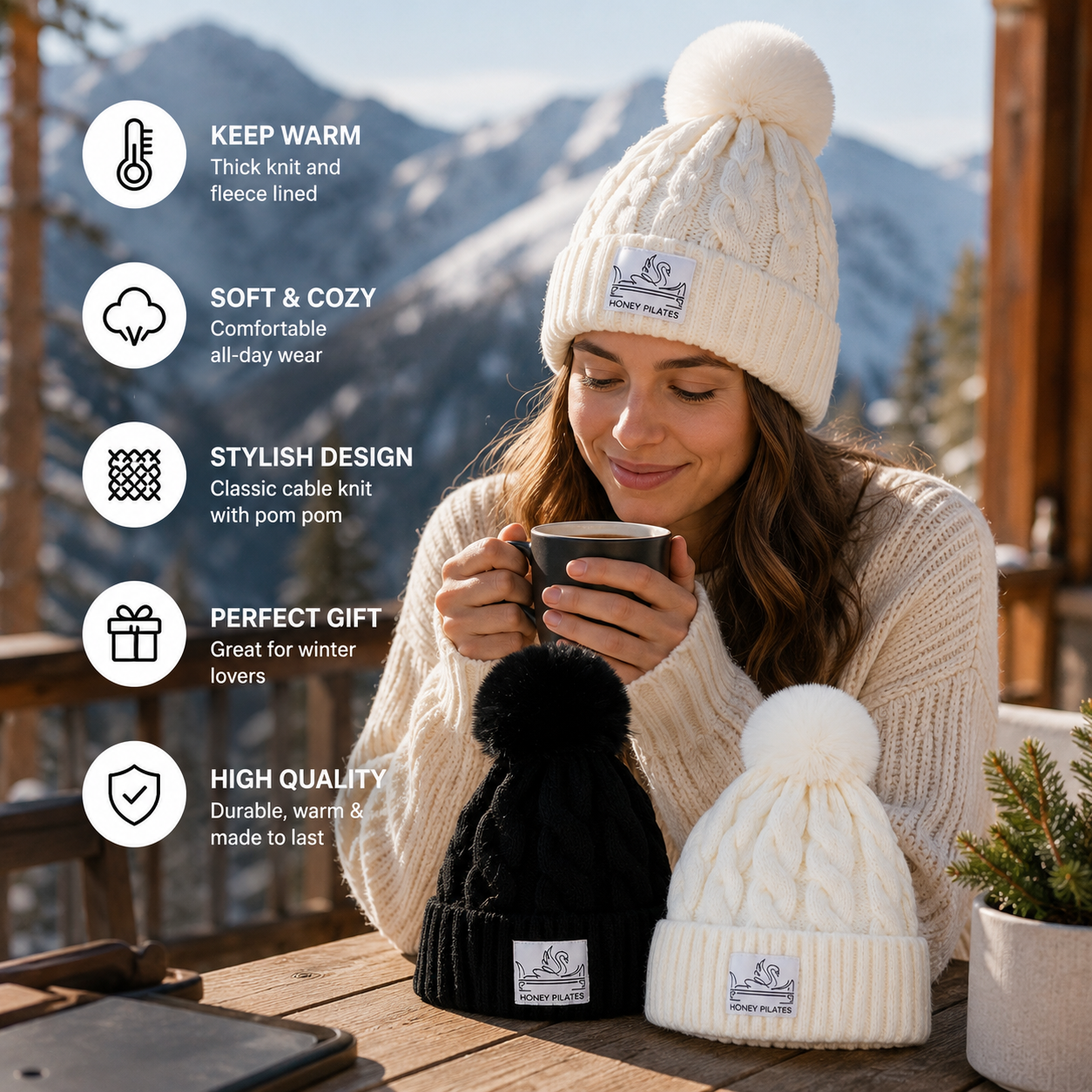 Cable Knit Cuffed Winter Beanie with Faux Fur Pom Pom