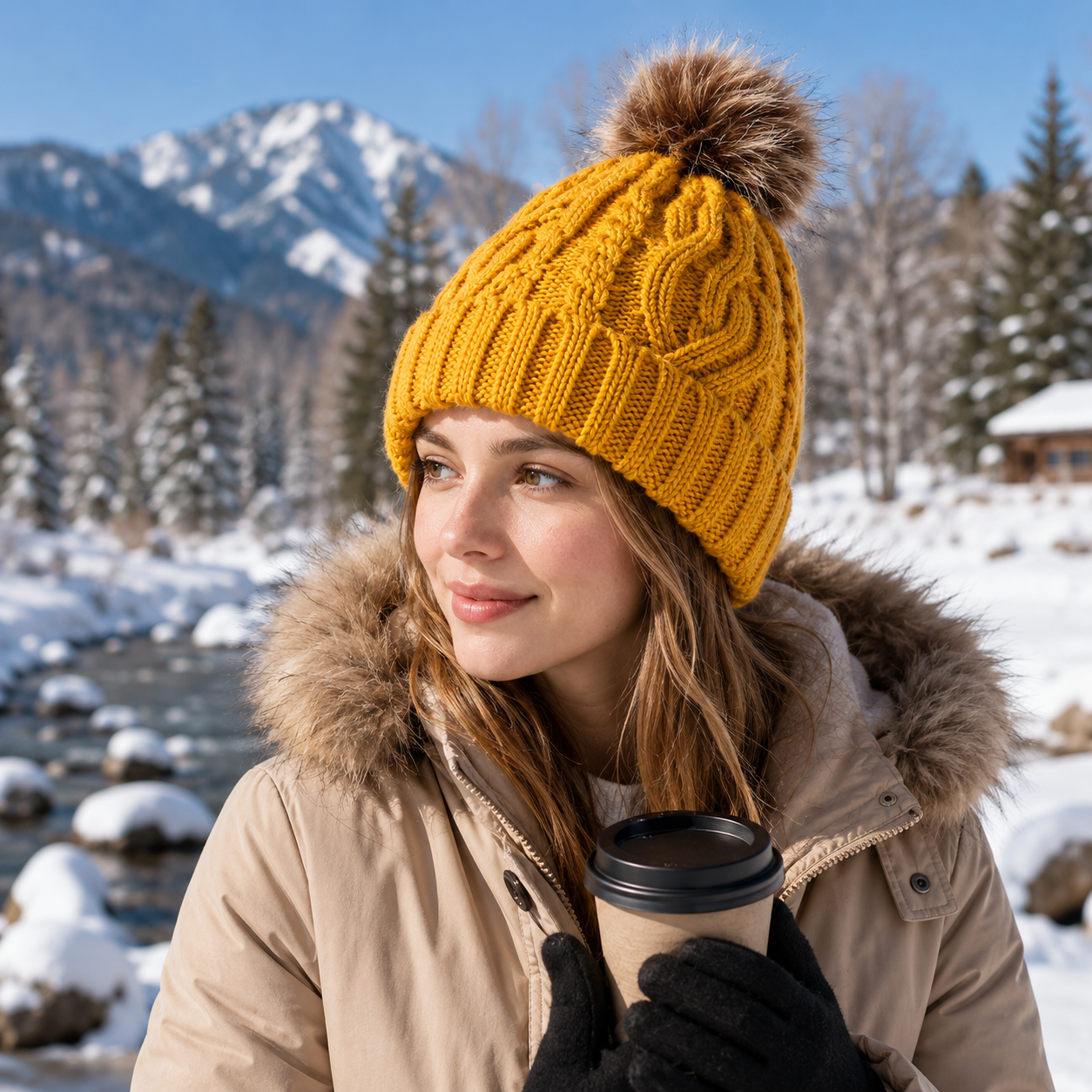 Cable Knit Cuffed Faux Fur Pom Pom Winter Beanie Hat
