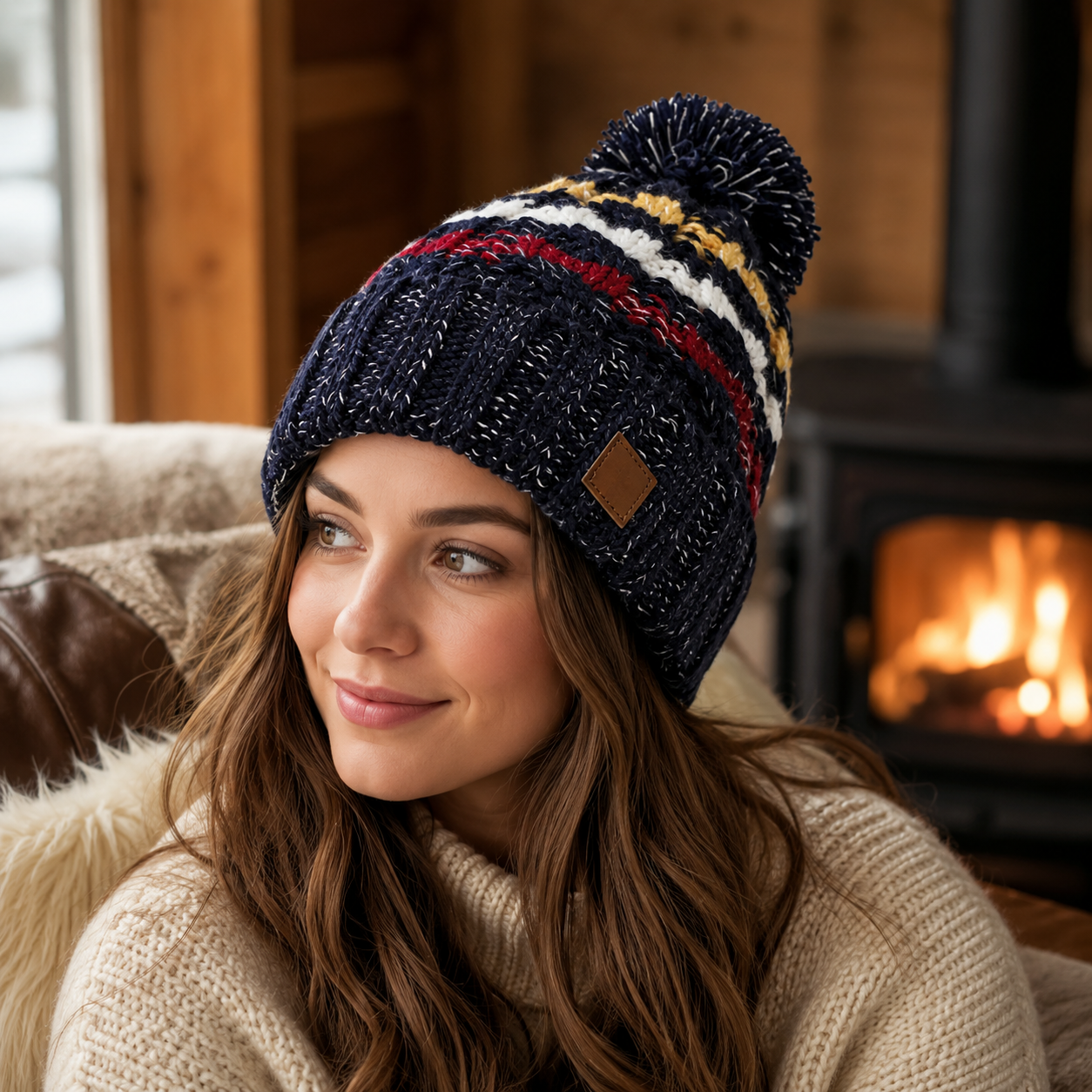Striped Cable Knit Pom Pom Beanie with Faux Fur Lining