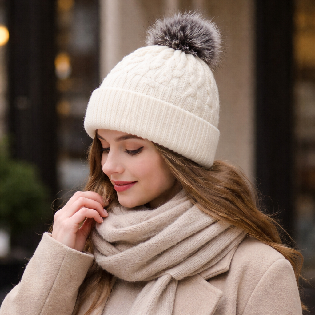 Winter Knit Beanie with Faux Fur Pom – Warm Cuffed Hat for Cold Weather