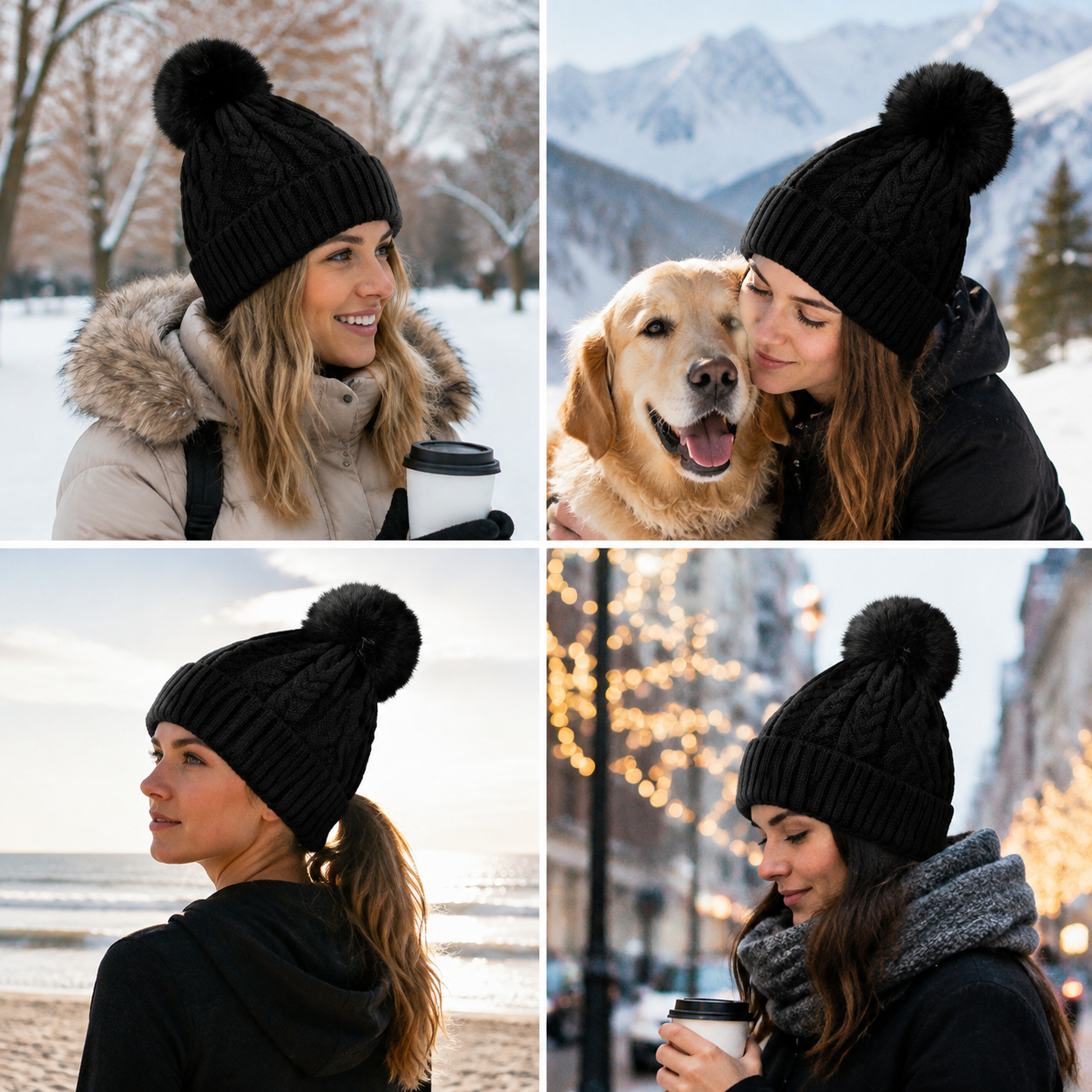 Women's Men's Winter Cable Knit Cuffed Faux Fur Pom Pom Beanie Hat Warm Soft Snow Cap