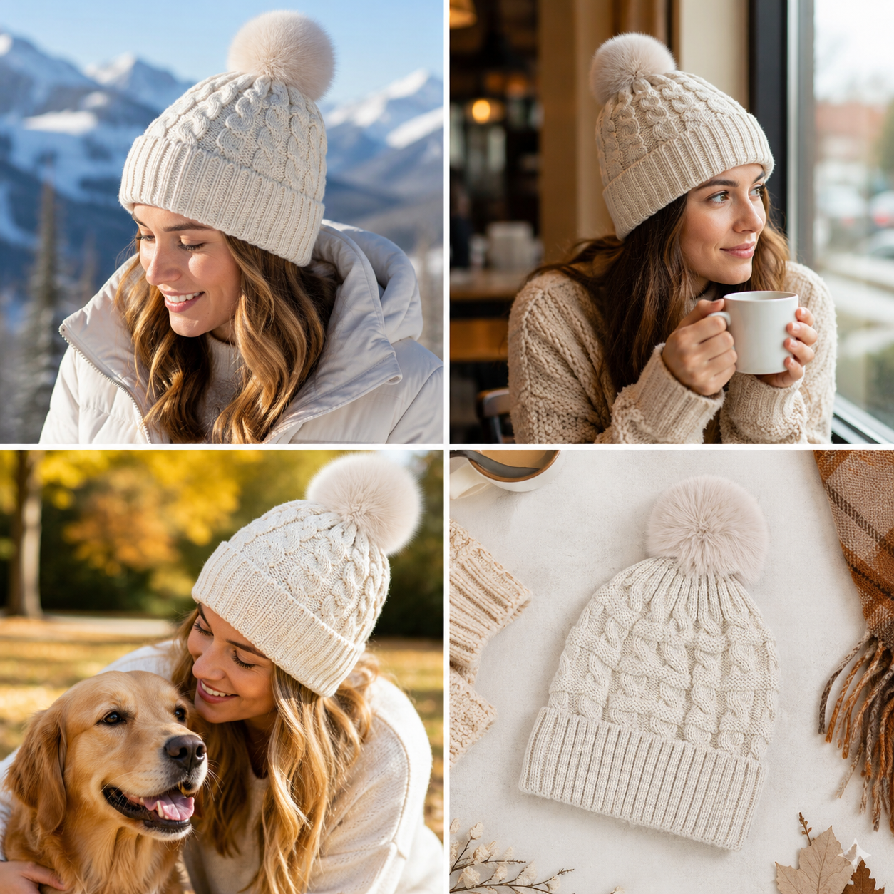 Women’s Winter Cable Knit Cuffed Beanie with Faux Fur Pom Pom