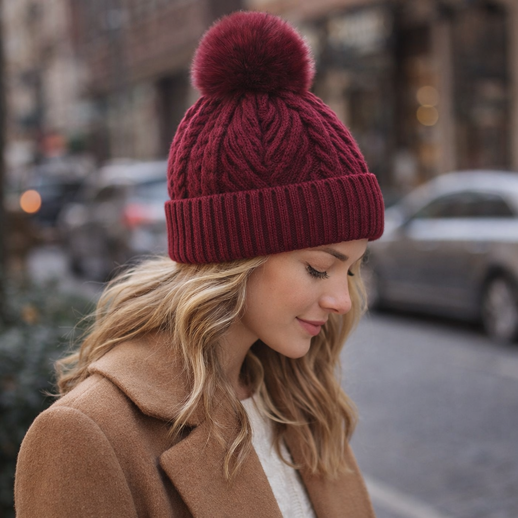 Winter Warm Chunky Knit Beanie Hat with Faux Fur Pom – Multiple Colors