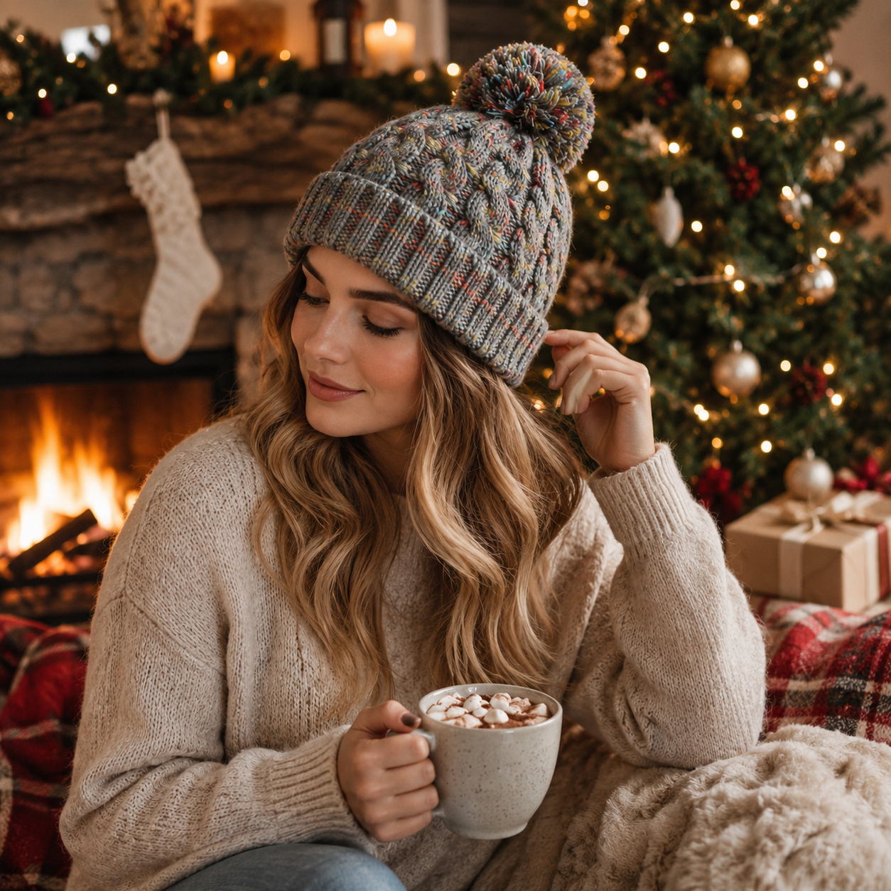 Multicolor Cable Knit Pom Pom Winter Beanie Hat