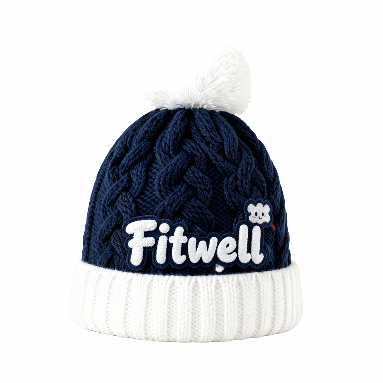 Winter Cable Knit Pom Pom Beanie with Embroidered Logo Warm Cuffed Hat