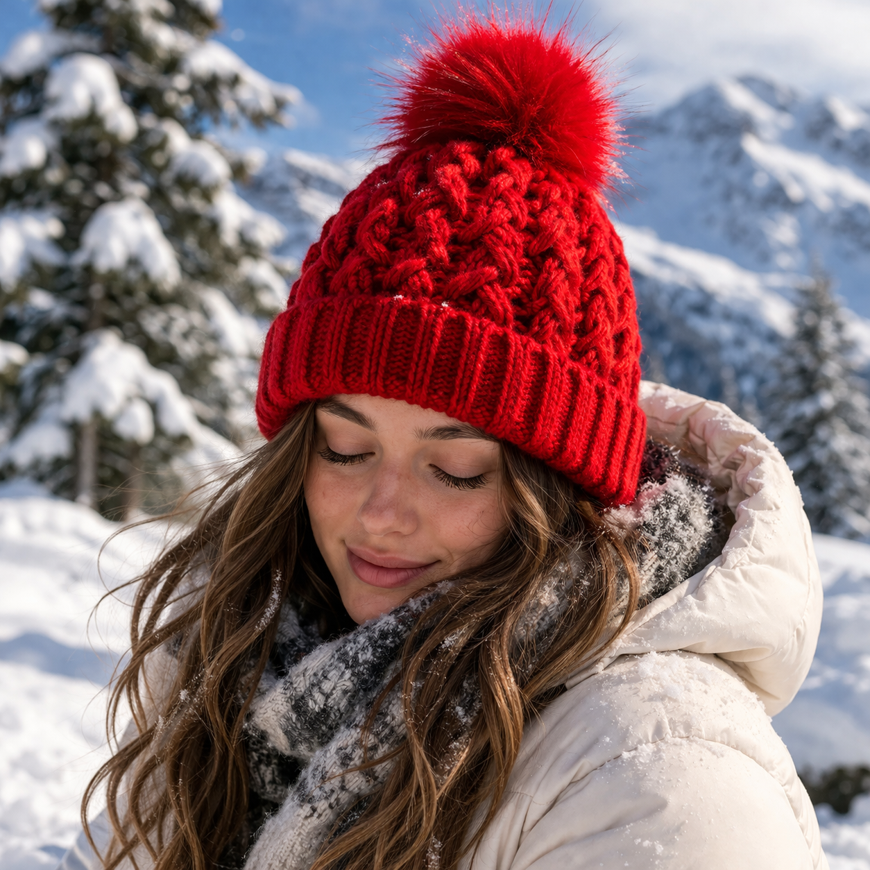 Winter Cable Knit Beanie with Faux Fur Pom Pom Thick Cuffed Warm Hat