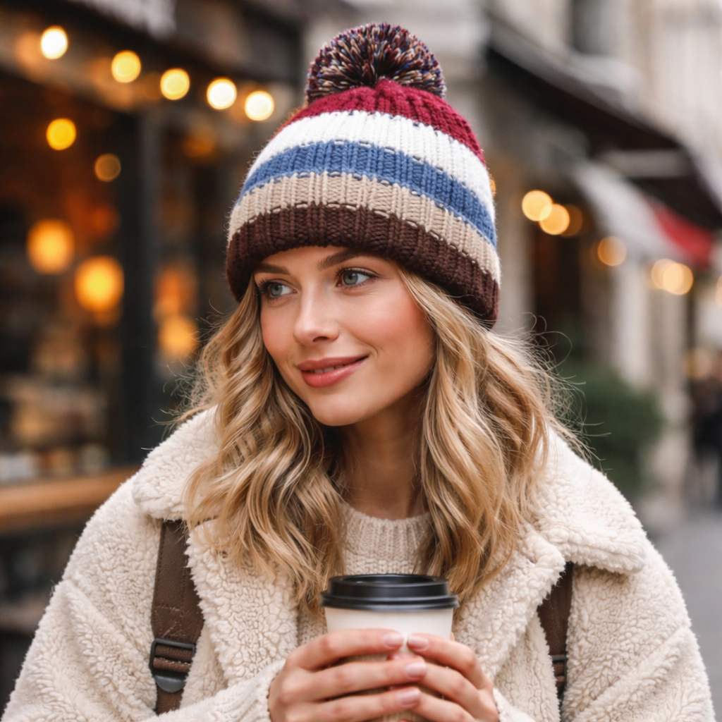 Color Block Cable Knit Pom Pom Beanie Hat Collection