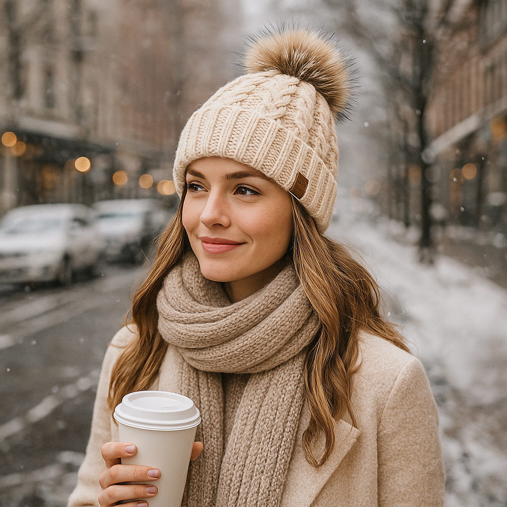 Winter Knit Beanie Hat with Faux Fur Pom and Cuffed Design