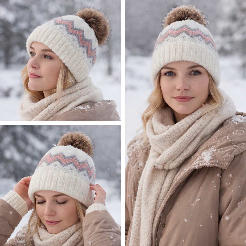 Winter Cable Knit Beanie with Faux Fur Pom – Warm, Soft & Stylish