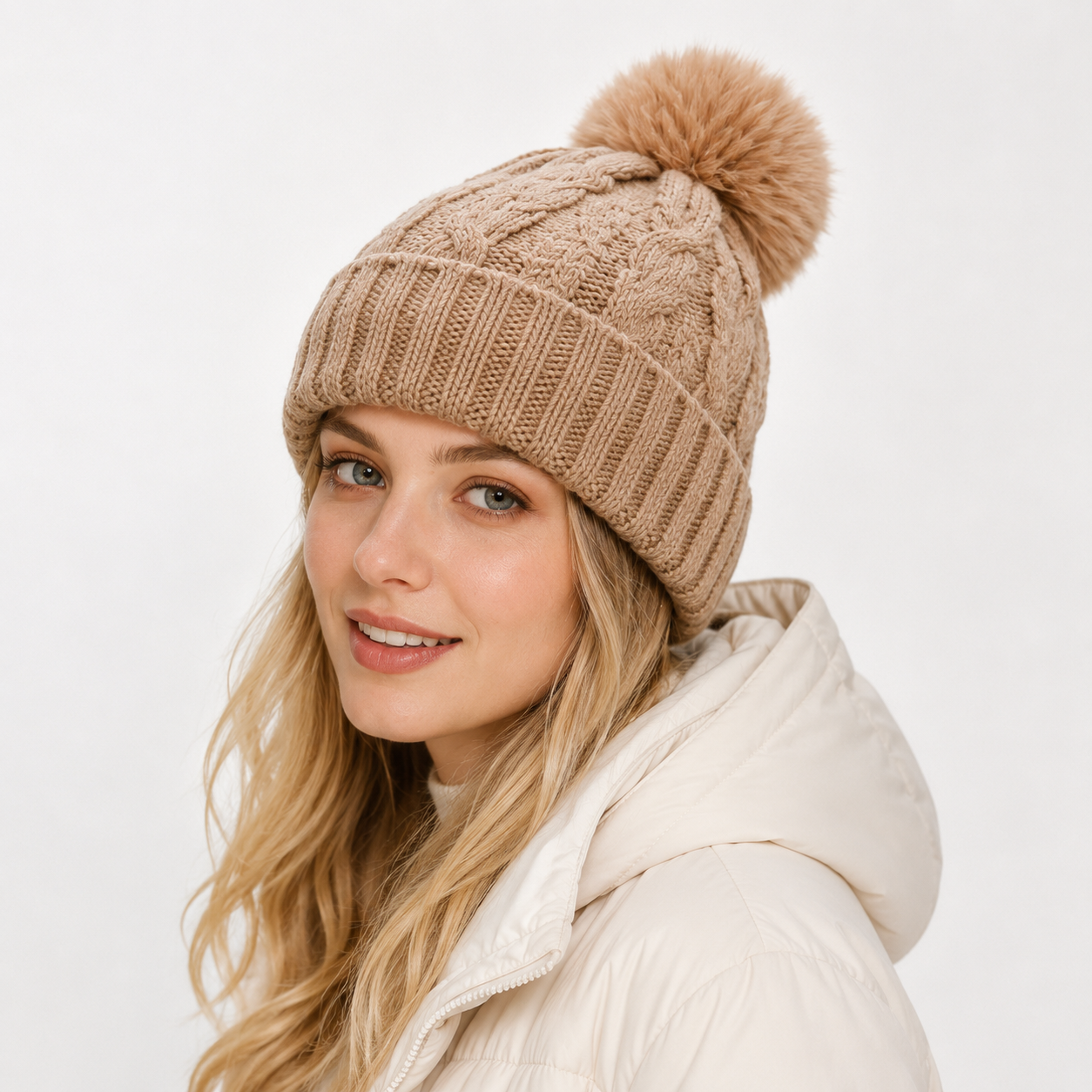 Thick Cable Knit Cuffed Faux Fur Pom Pom Beanie Hat