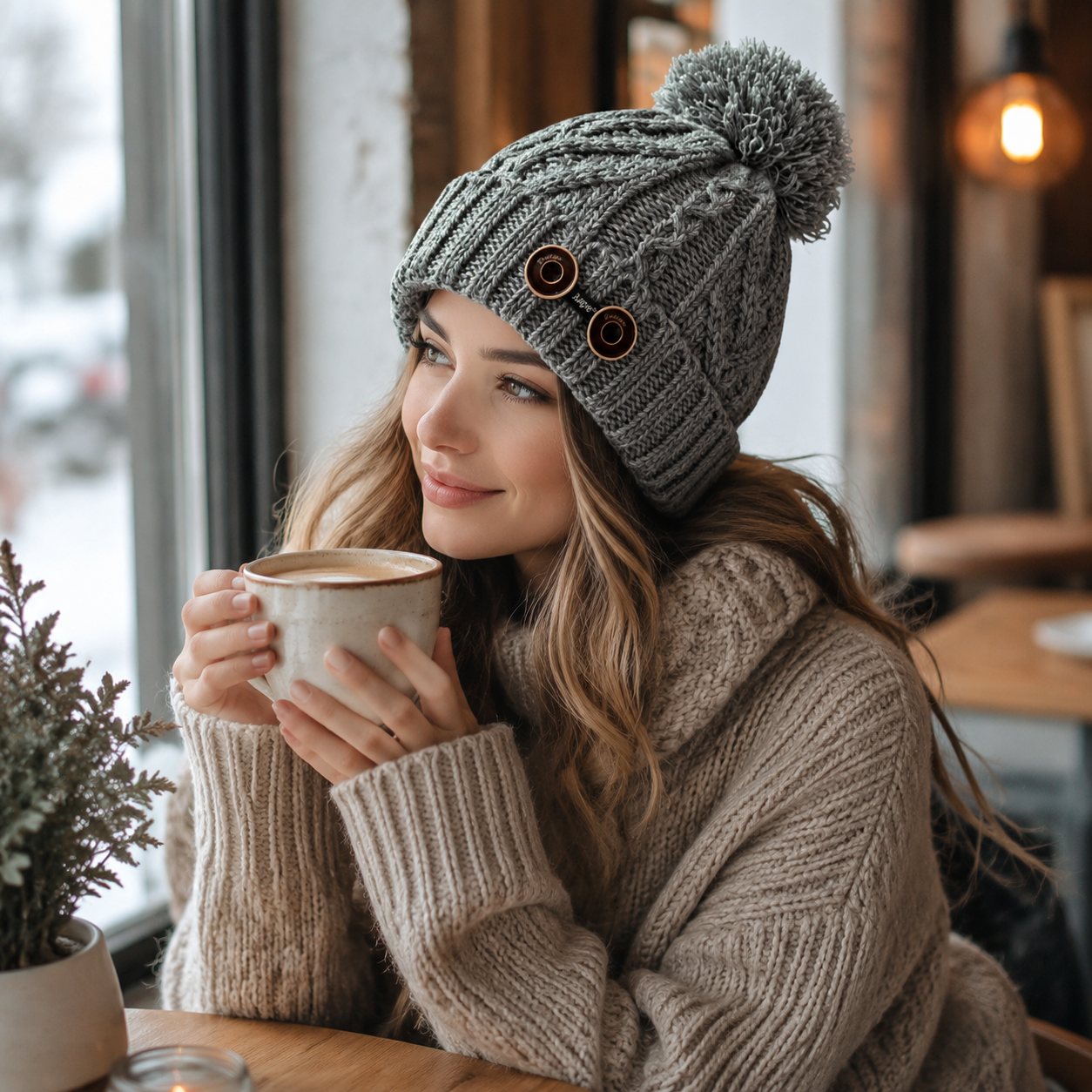 Women’s Cable Knit Cuffed Pom Pom Beanie Hat with Double Button Detail
