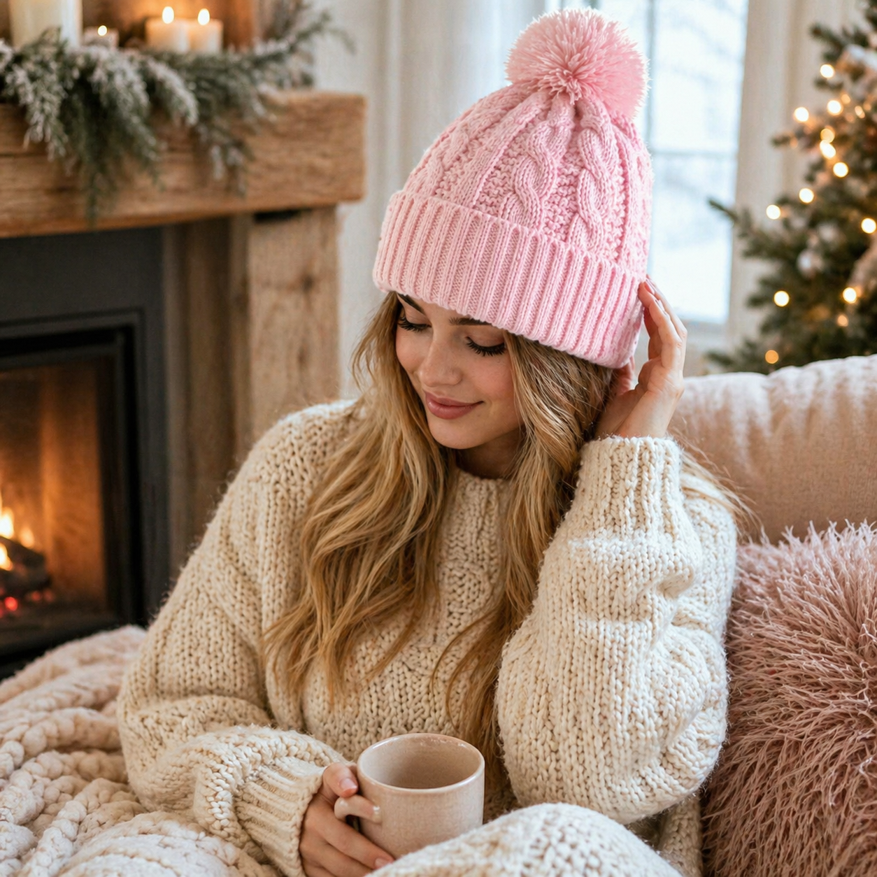 Winter Cable Knit Cuffed Pom Pom Beanie for Women and Men
