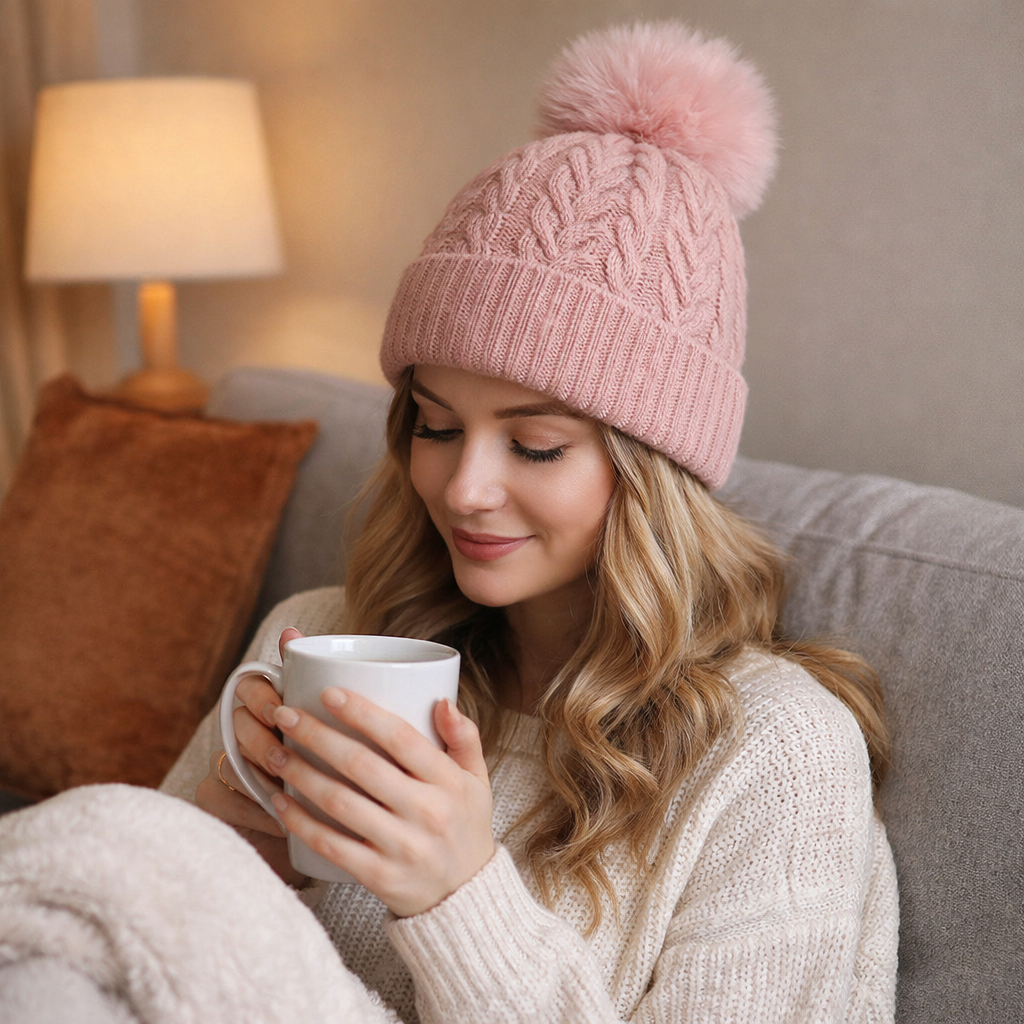Winter Cable Knit Faux Fur Pom Pom Beanie Hat for Women