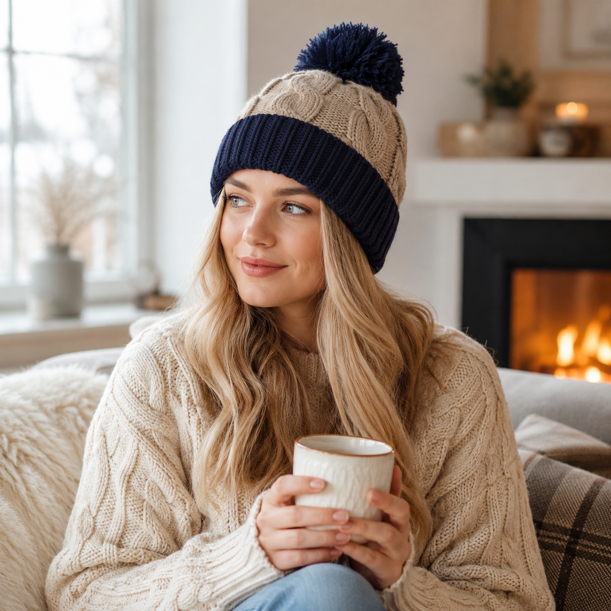 Chunky Cable Knit Cuffed Pom Pom Winter Beanie Hat