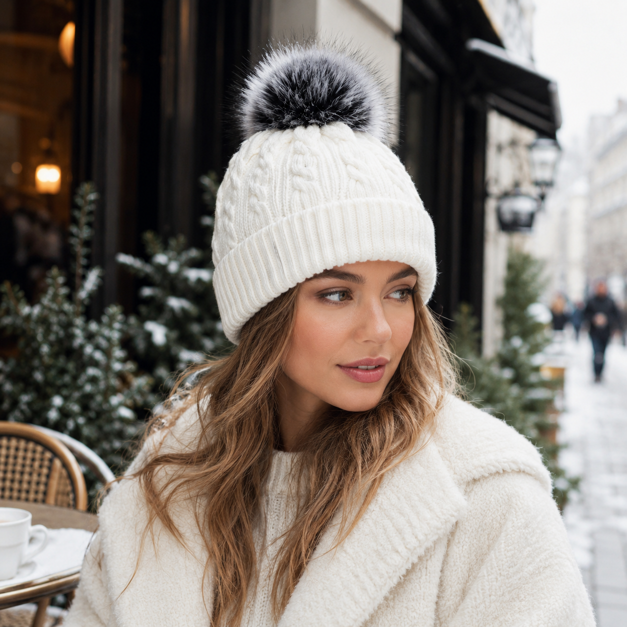 Cable Knit Cuffed Beanie with Faux Fur Pom Pom