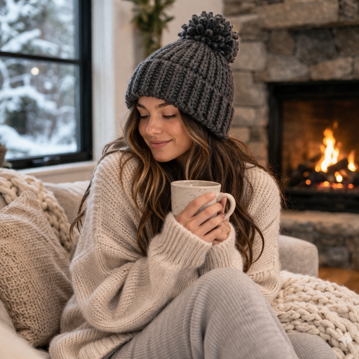 Chunky Knit Pom Pom Beanie Winter Warm Cuffed Hat Set