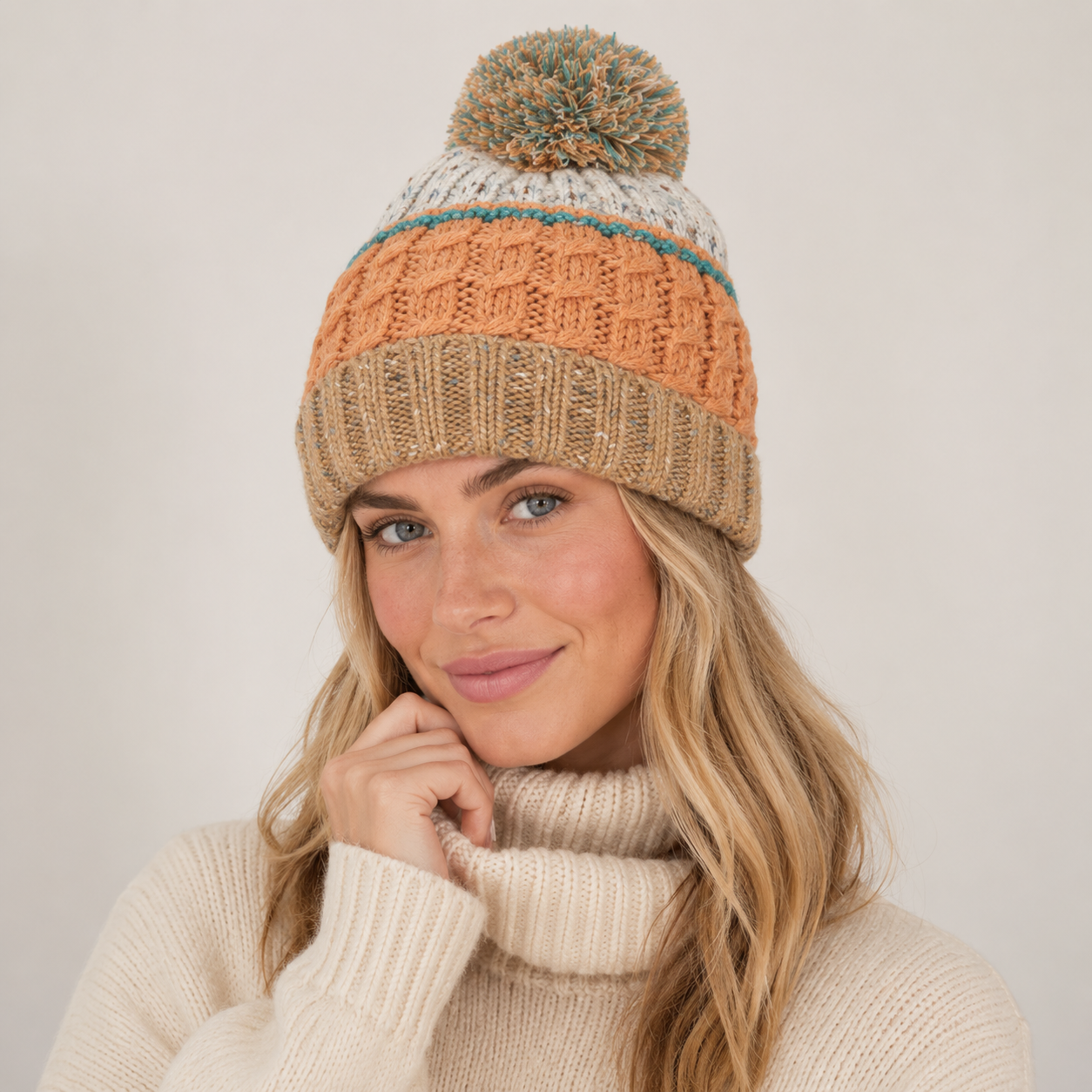Multicolor Cable Knit Pom Pom Cuffed Winter Beanie