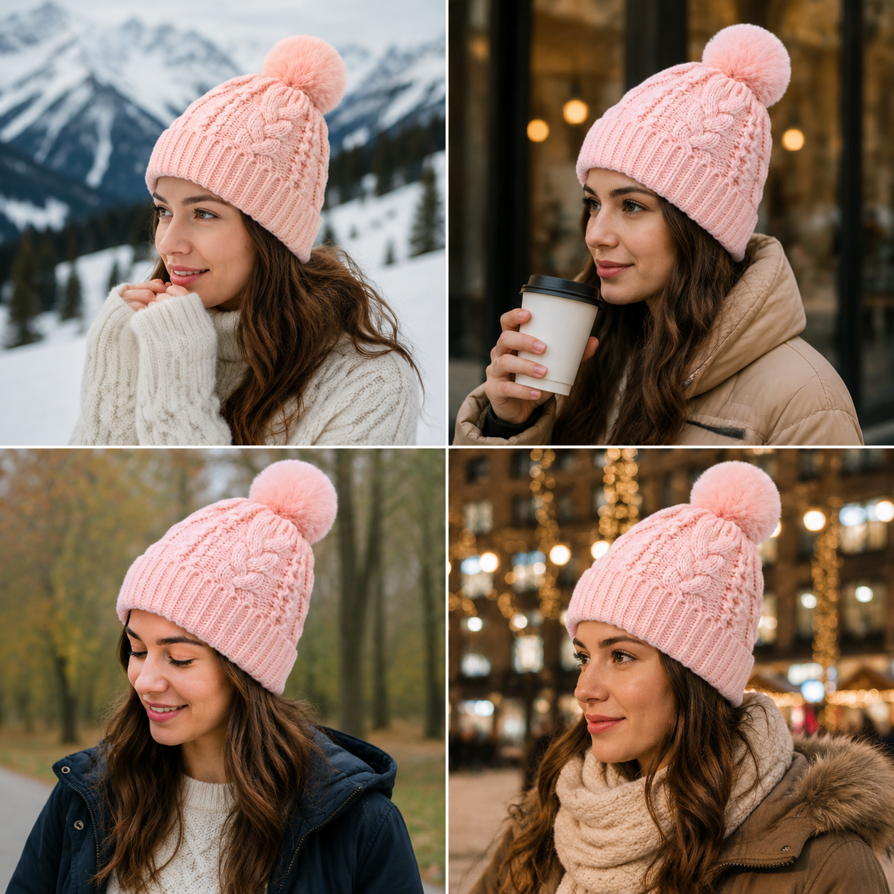 Cable Knit Cuffed Winter Beanie with Faux Fur Pom Pom
