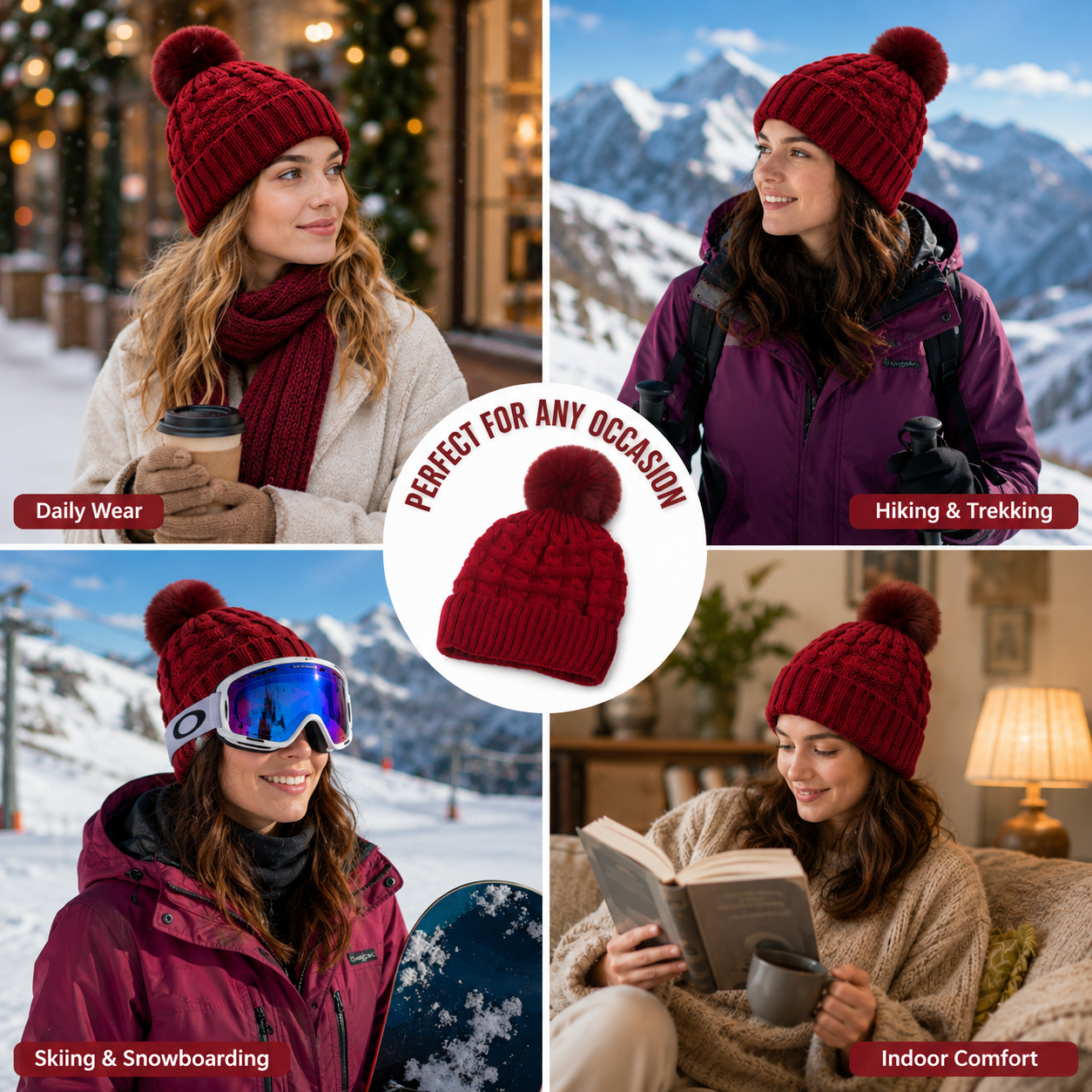 Women’s Winter Cable Knit Cuffed Beanie with Faux Fur Pom Pom