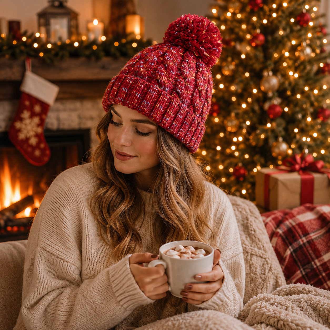 Multicolor Cable Knit Pom Pom Winter Beanie Hat