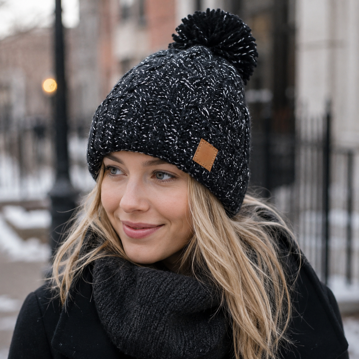Striped Cable Knit Pom Pom Beanie with Faux Fur Lining