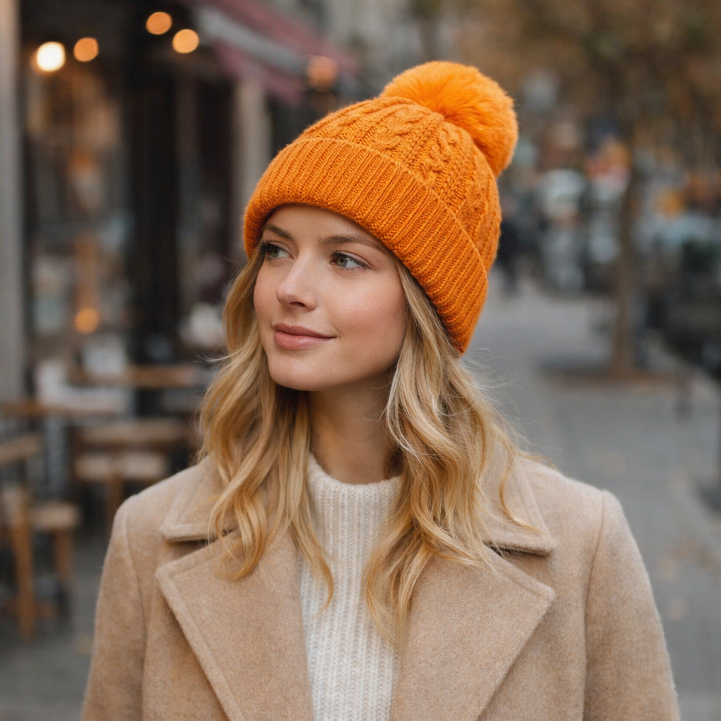 Winter Pom-Pom Cable Knit Beanie in Multiple Colors
