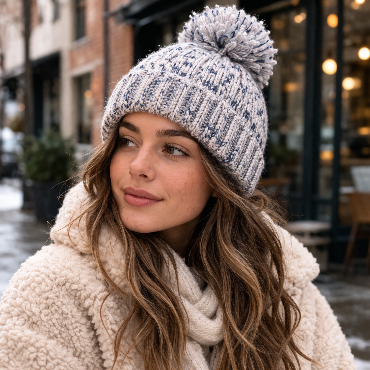 Multicolor Cable Knit Pom Pom Winter Beanie Hat